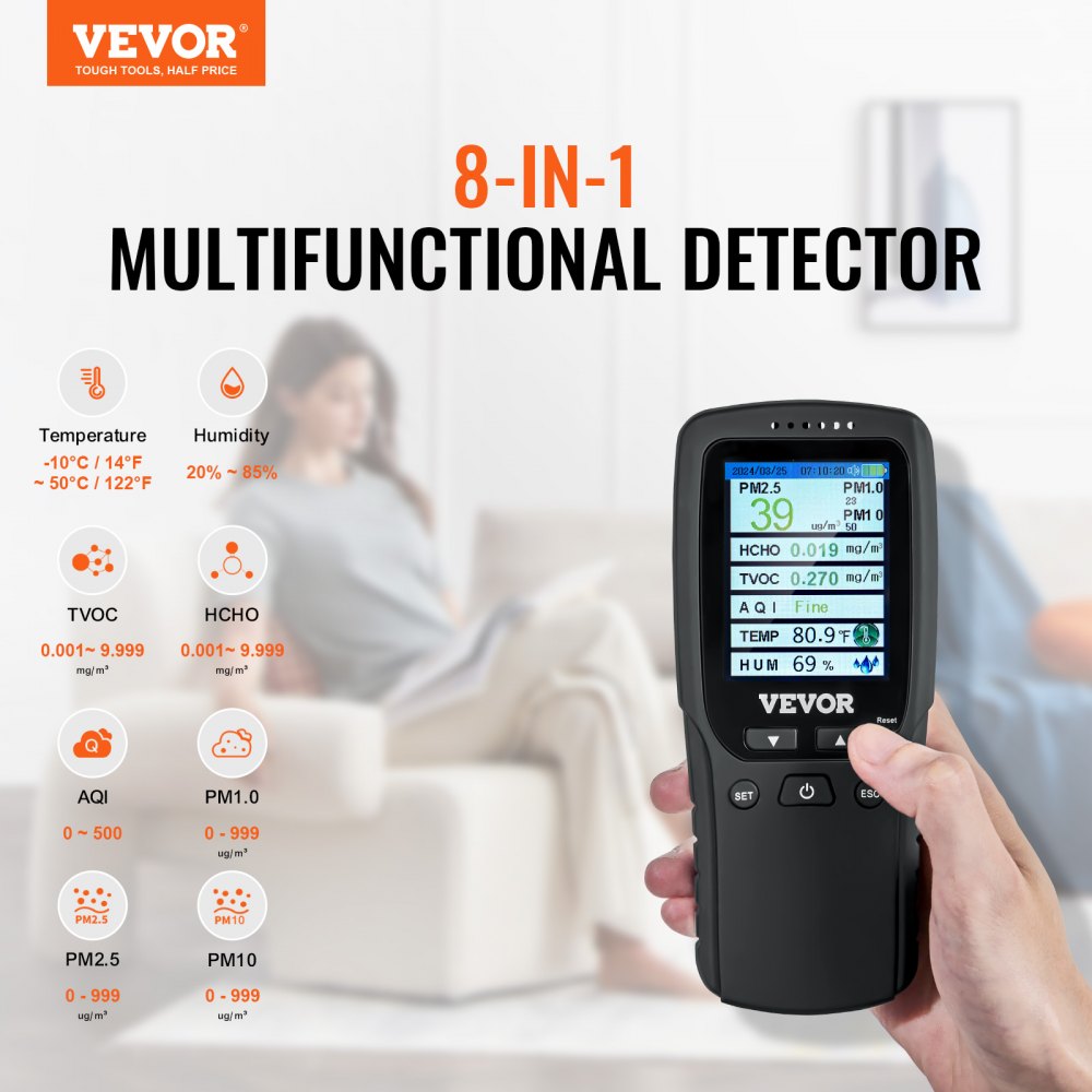 Handheld 8-in-1 air quality monitor displaying PM2.5, PM10, PM1.0, HCHO, TVOC, AQI, temperature, and humidity readings.