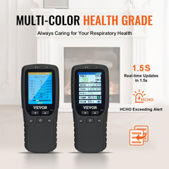 Two black Veyor multi-color health grade air quality monitors displaying PM2.5, HCHO, and other readings on screens.