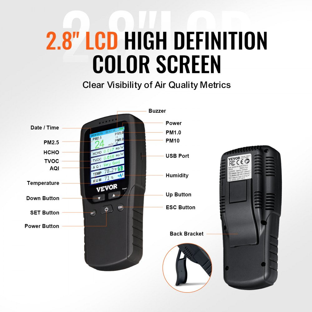 Black Bostome 8-in-1 air quality monitor with 2.8-inch color LCD screen displaying PM2.5, PM10, HCHO, TVOC, AQI, temperature, and humidity metrics.