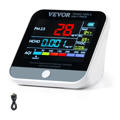 Compact white Bostome 8-in-1 air quality monitor displaying PM2.5, AQI, TVOC, HCHO, temperature, and humidity readings on its screen.
