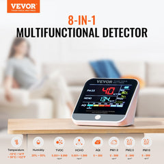 Compact white Bostome 8-in-1 air quality monitor displaying PM2.5, PM10, AQI, TVOC, HCHO, temperature, and humidity readings on its screen.