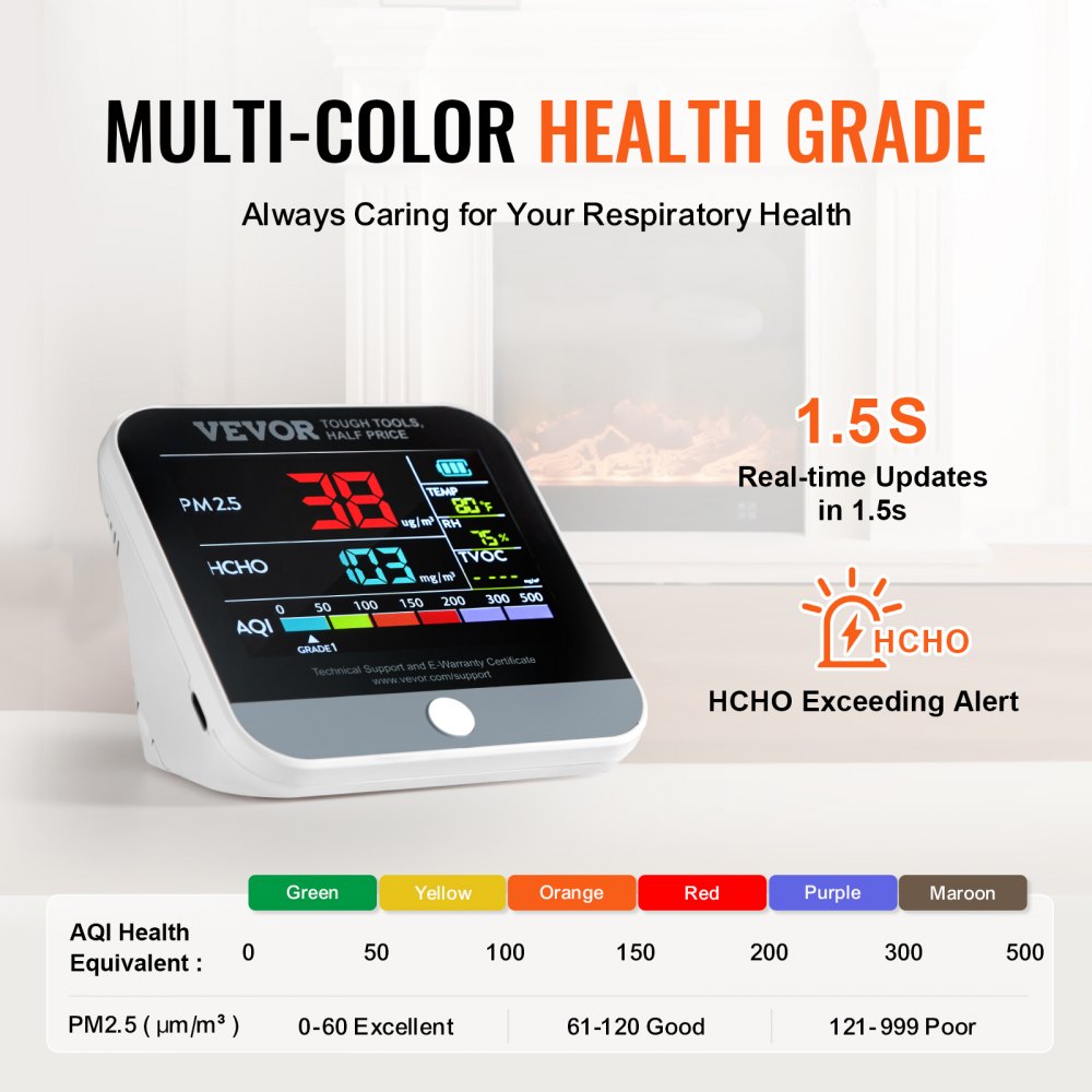 A white and black air quality monitor displays PM2.5, HCHO, AQI, temperature, and humidity readings.