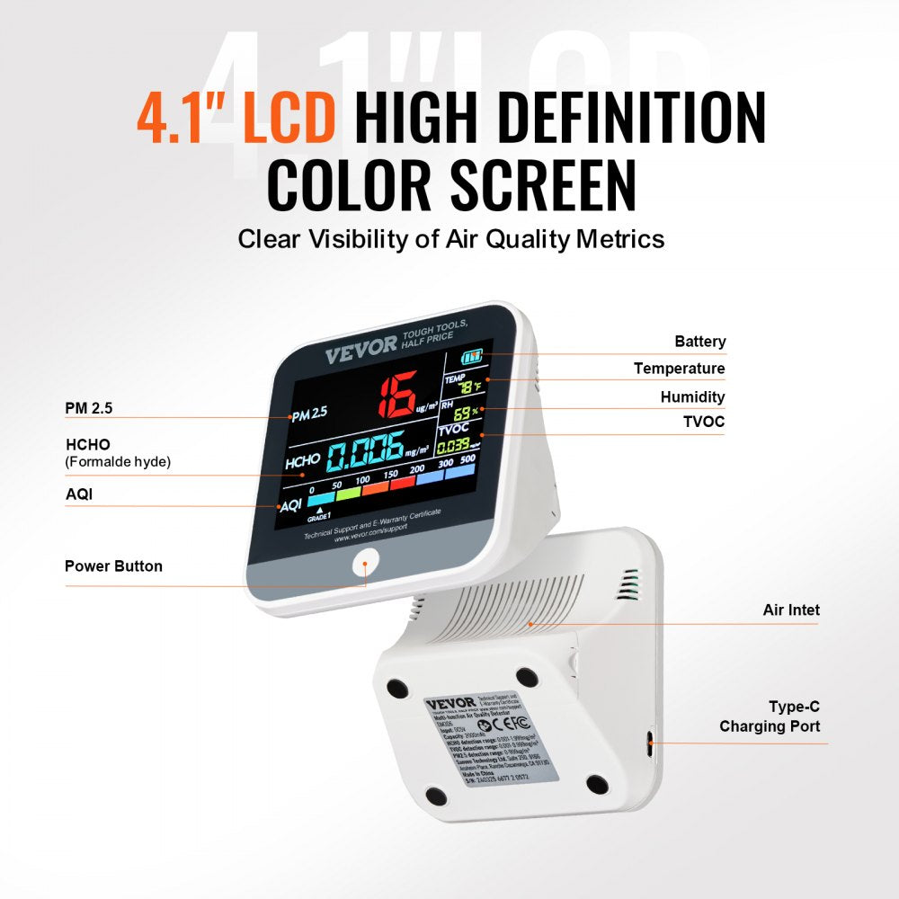 White Bostome 8-in-1 mini air quality monitor with 4.1-inch color LCD screen displaying PM2.5, PM10, AQI, TVOC, HCHO, temperature, and humidity metrics.