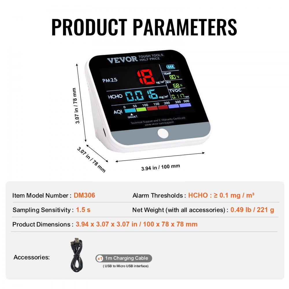 Compact white Bostome 8-in-1 air quality monitor displaying PM2.5, PM10, AQI, HCHO, TVOC, humidity, and temperature readings with dimensions.