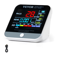 Compact white Bostome 8-in-1 air quality monitor displaying PM2.5, temperature, and AQI readings on its screen.