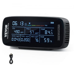 Black Bostome 9-in-1 air quality monitor with LCD display showing CO2, PM2.5, TVOC, HCHO, temp, and humidity readings, plus USB cable.