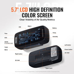 Bostome 9-in-1 air quality monitor with 5.7-inch LCD screen displaying CO2, PM2.5, TVOC, AQI, humidity, and temperature metrics.