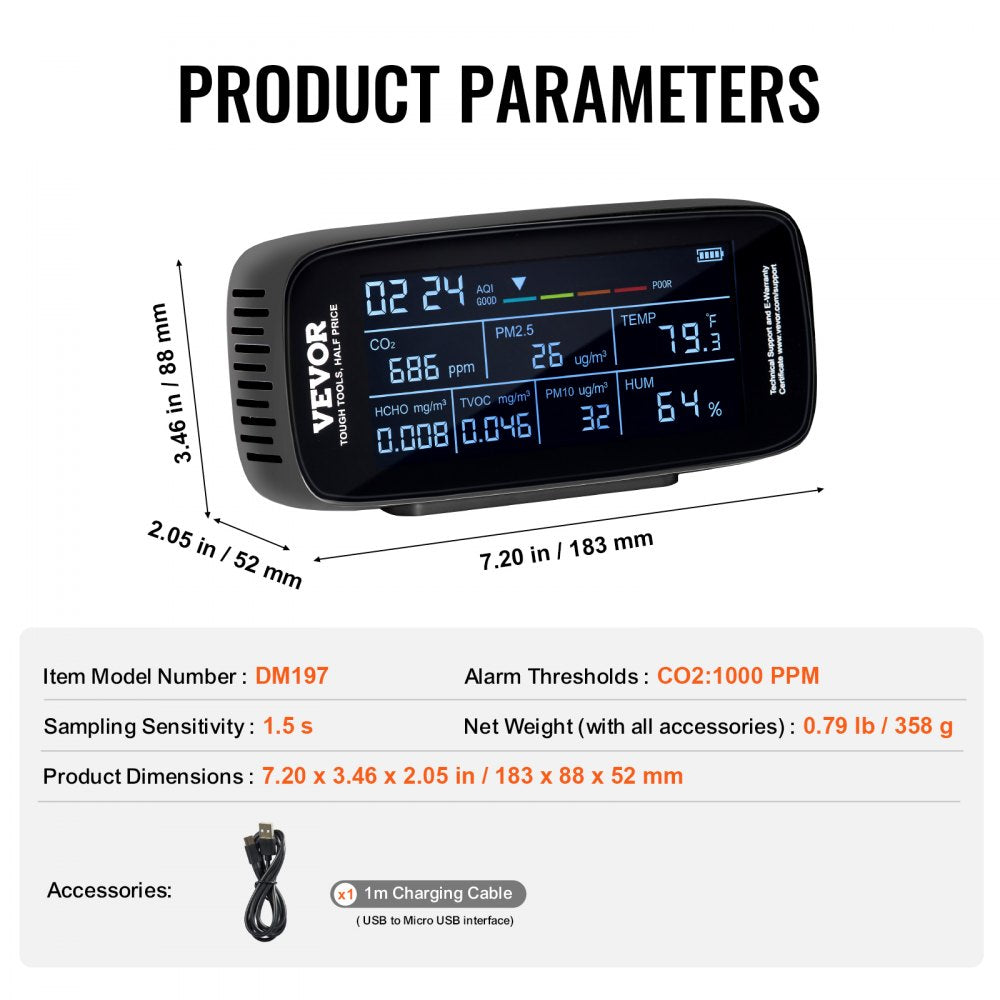Black rectangular air quality monitor displaying CO2, PM2.5, temperature, and humidity readings