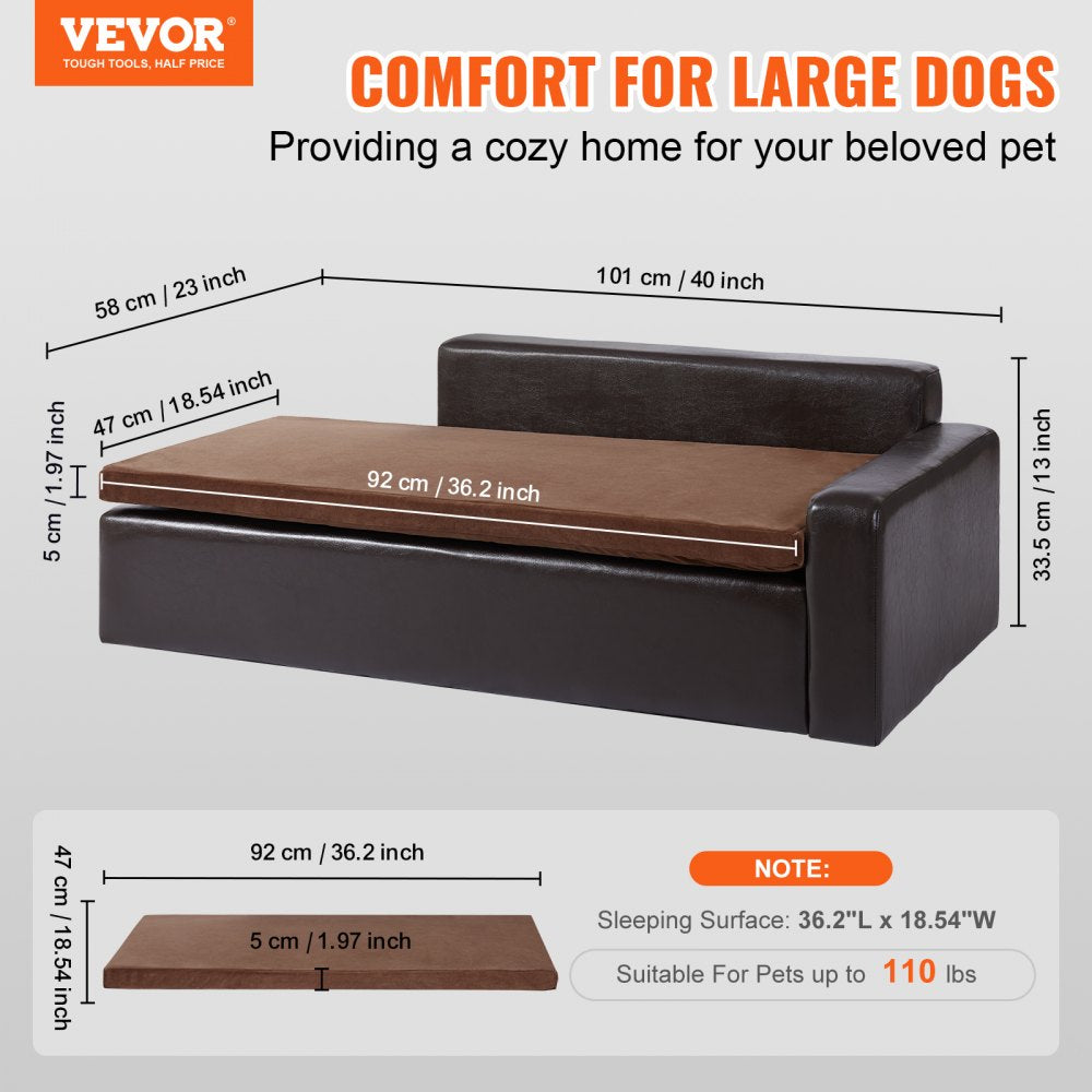 Large black leather dog sofa bed with solid wood frame and integrated storage cabinets.