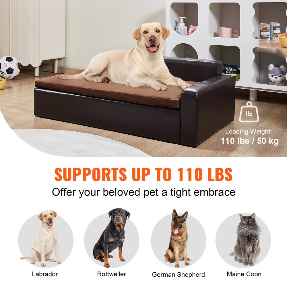 Black leather dog sofa bed with solid wood frame and integrated storage cabinets.