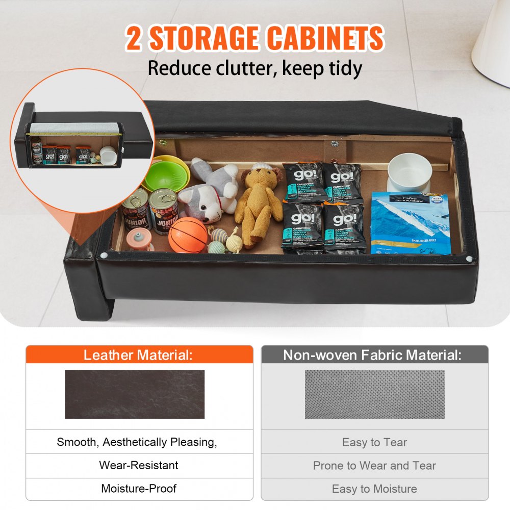 Black leather dog sofa bed with solid wood frame and integrated storage cabinets.