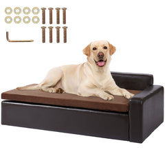 Large black leather dog sofa bed with solid wood frame and integrated storage cabinets.