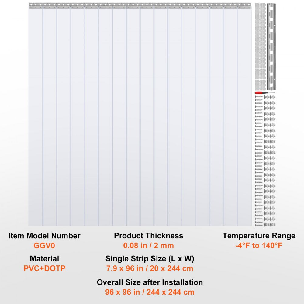 Strip Curtain 16PCS, 96" Height, 96" Width, 0.08" Thickness, Clear Smooth Plastic Door Strips with 50% Overlap, PVC Strip Door Curtain Freezer Curtain for Warehouses, Walk in Freezers, Coolers