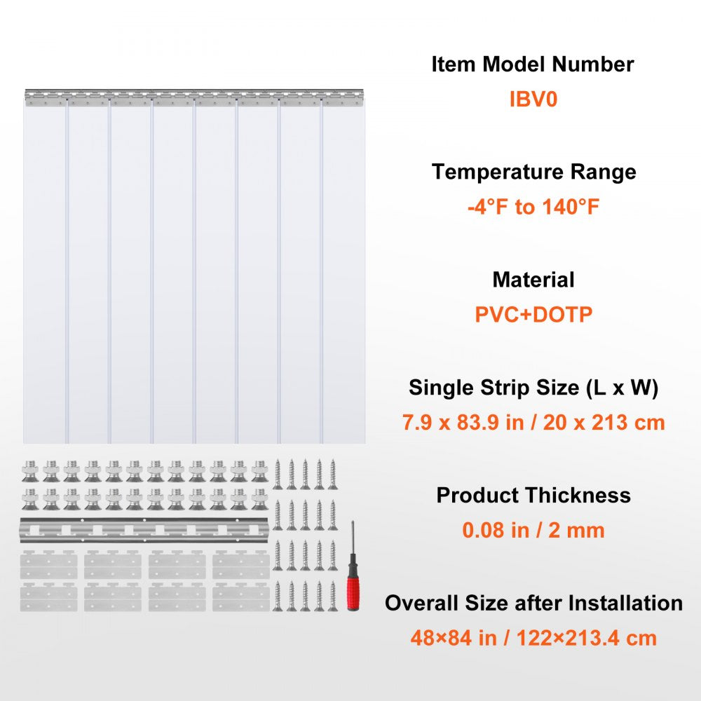 Strip Curtain, 84" Height x 48" Width, 0.08" Thickness, 8PCS Clear PVC Strip Door Curtain, Freezer Curtain, Plastic Door Strips for Walk in Freezers, Coolers & Warehouse Doors, with 50% Overlap