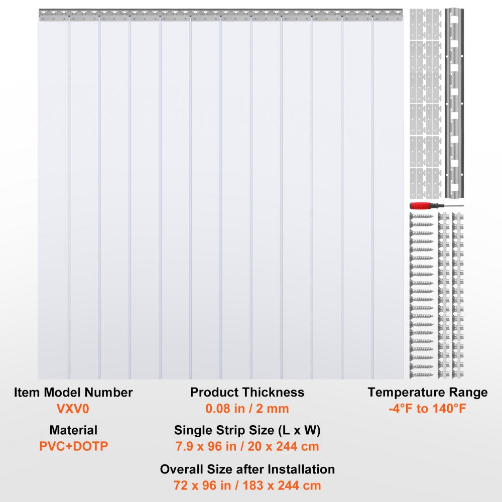 Strip Curtain, 96" Height x 72" Width, 0.08" Thickness, 12PCS Clear PVC Strip Door Curtain, Freezer Curtain, Plastic Door Strips for Walk in Freezers, Coolers & Warehouse Doors, with 50% Overlap