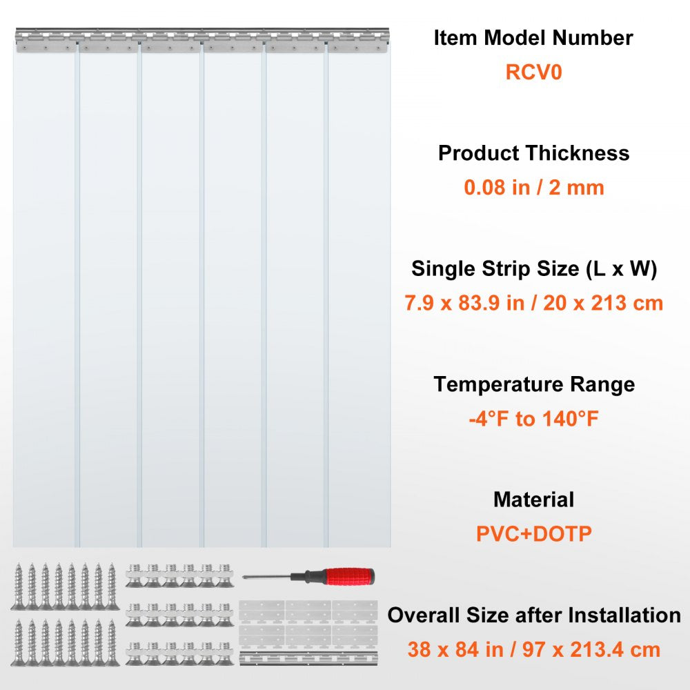 Strip Curtain, 84" Height x 38" Width, 0.08" Thickness, 6PCS Clear PVC Strip Door Curtain, Freezer Curtain, Plastic Door Strips for Walk in Freezers, Coolers & Warehouse Doors, with 50% Overlap