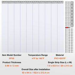 Strip Curtain, 84" Height x 60" Width, 0.08" Thickness, 10PCS Clear PVC Strip Door Curtain, Freezer Curtain, Plastic Door Strips for Walk in Freezers, Coolers & Warehouse Doors, with 50% Overlap
