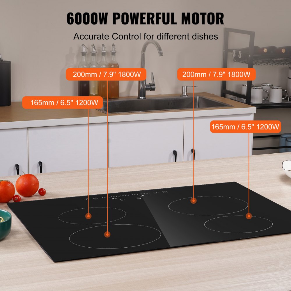 Built in Electric Stove Top, 23.2 x 20.5 inch 4 Burners, 240V Glass Radiant Cooktop with Sensor Touch Control, Timer & Child Lock Included, 9 Power Levels for Simmer Steam Slow Cook Fry