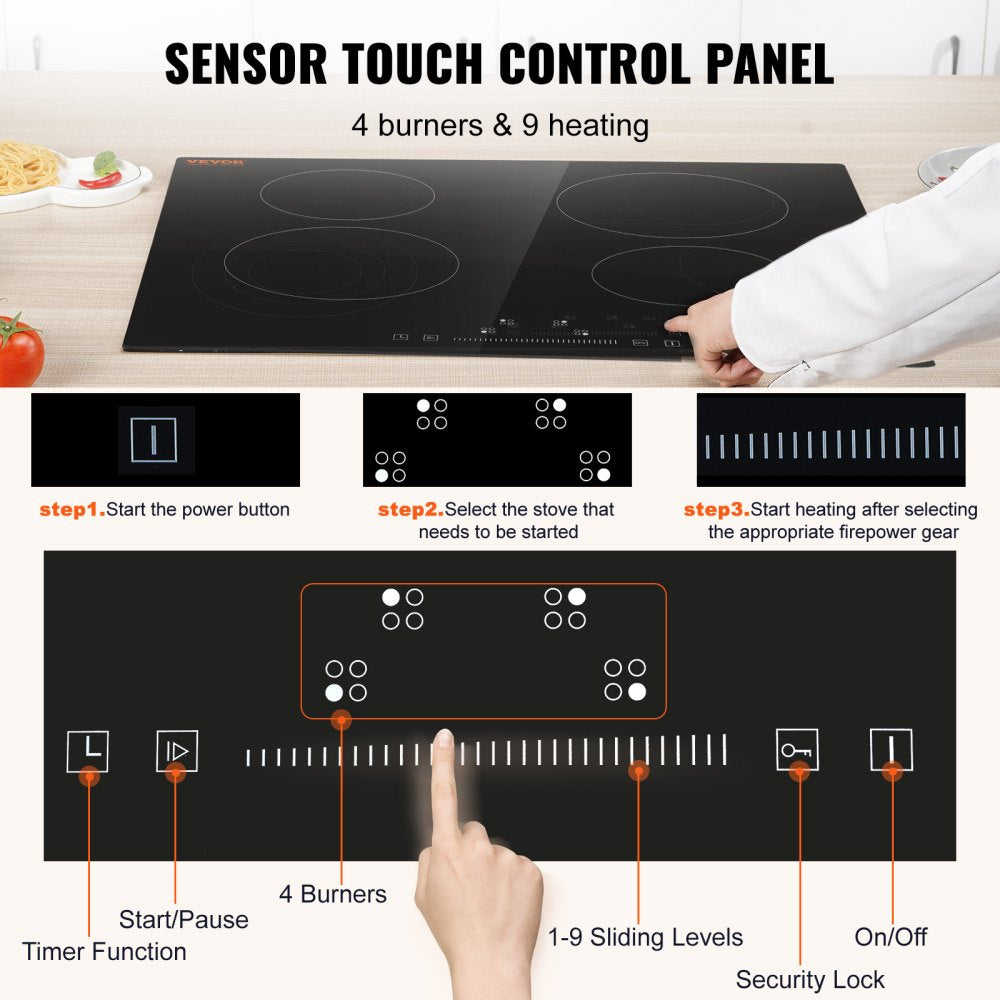 Built in Electric Stove Top, 23.2 x 20.5 inch 4 Burners, 240V Glass Radiant Cooktop with Sensor Touch Control, Timer & Child Lock Included, 9 Power Levels for Simmer Steam Slow Cook Fry