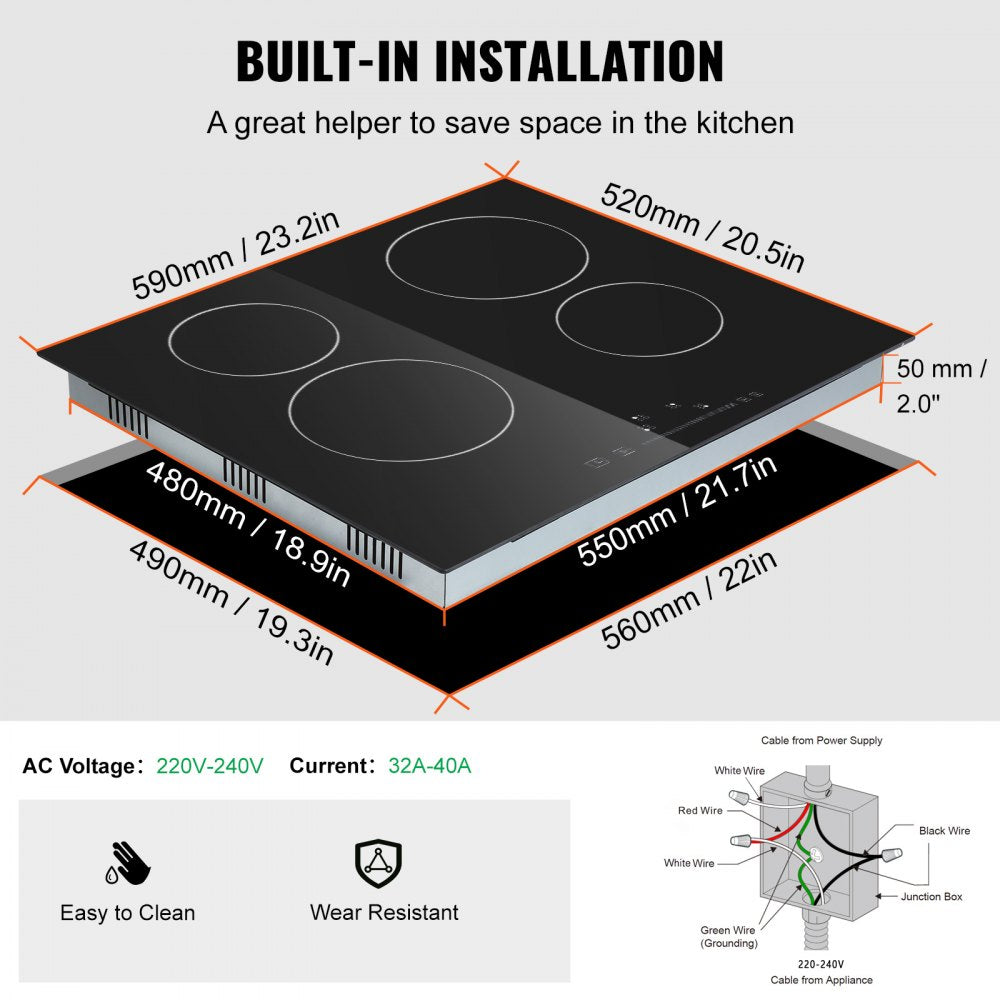 Built in Electric Stove Top, 23.2 x 20.5 inch 4 Burners, 240V Glass Radiant Cooktop with Sensor Touch Control, Timer & Child Lock Included, 9 Power Levels for Simmer Steam Slow Cook Fry