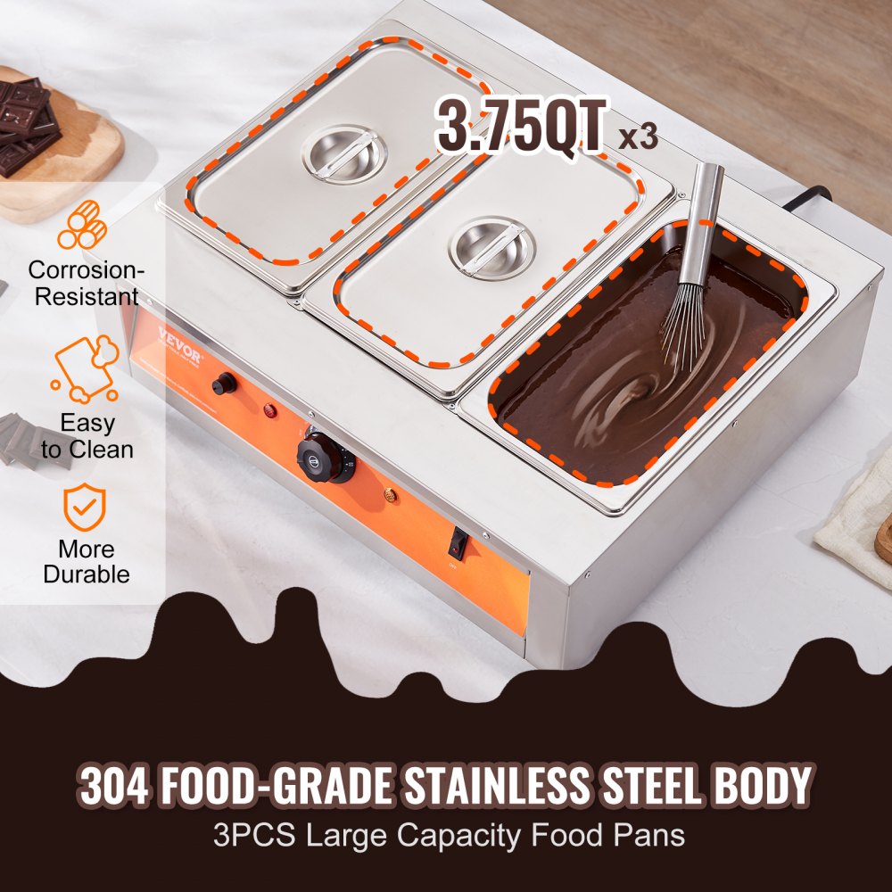 Chocolate Tempering Machine, 26.5 Lbs 3 Tanks Chocolate Melting Pot TEMP Control 86~185℉, 1500W Stainless Steel Electric Commercial Food Warmer For Chocolate/Milk/Cream Melting and Heating