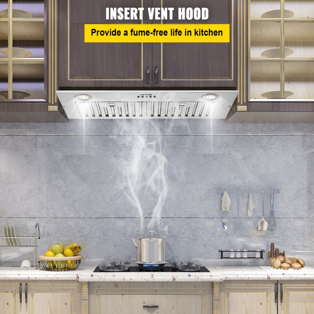 Insert Range Hood, 800CFM 3-Speed, 30 Inch Stainless Steel Built-in Kitchen Vent with Push Button Control LED Lights Baffle Filters, Ducted/Ductless Convertible, ETL Listed