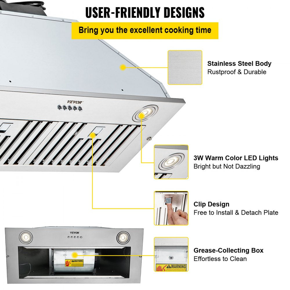 Insert Range Hood, 800CFM 3-Speed, 30 Inch Stainless Steel Built-in Kitchen Vent with Push Button Control LED Lights Baffle Filters, Ducted/Ductless Convertible, ETL Listed