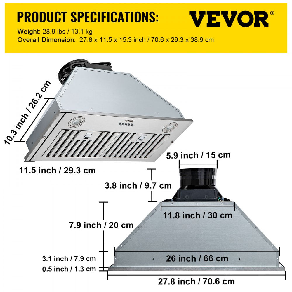 Insert Range Hood, 800CFM 3-Speed, 30 Inch Stainless Steel Built-in Kitchen Vent with Push Button Control LED Lights Baffle Filters, Ducted/Ductless Convertible, ETL Listed