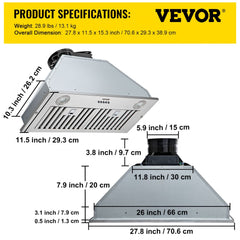 Insert Range Hood, 800CFM 3-Speed, 30 Inch Stainless Steel Built-in Kitchen Vent with Push Button Control LED Lights Baffle Filters, Ducted/Ductless Convertible, ETL Listed