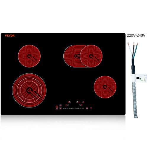 Built in Electric Stove Top, 30.3 x 20.5 inch 4 Burners, 240V Glass Radiant Cooktop with Sensor Touch Control, Timer & Child Lock Included, 9 Power Levels for Simmer Steam Slow Cook Fry