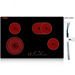 Built in Electric Stove Top, 30.3 x 20.5 inch 4 Burners, 240V Glass Radiant Cooktop with Sensor Touch Control, Timer & Child Lock Included, 9 Power Levels for Simmer Steam Slow Cook Fry