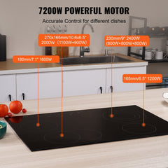 Built in Electric Stove Top, 30.3 x 20.5 inch 4 Burners, 240V Glass Radiant Cooktop with Sensor Touch Control, Timer & Child Lock Included, 9 Power Levels for Simmer Steam Slow Cook Fry