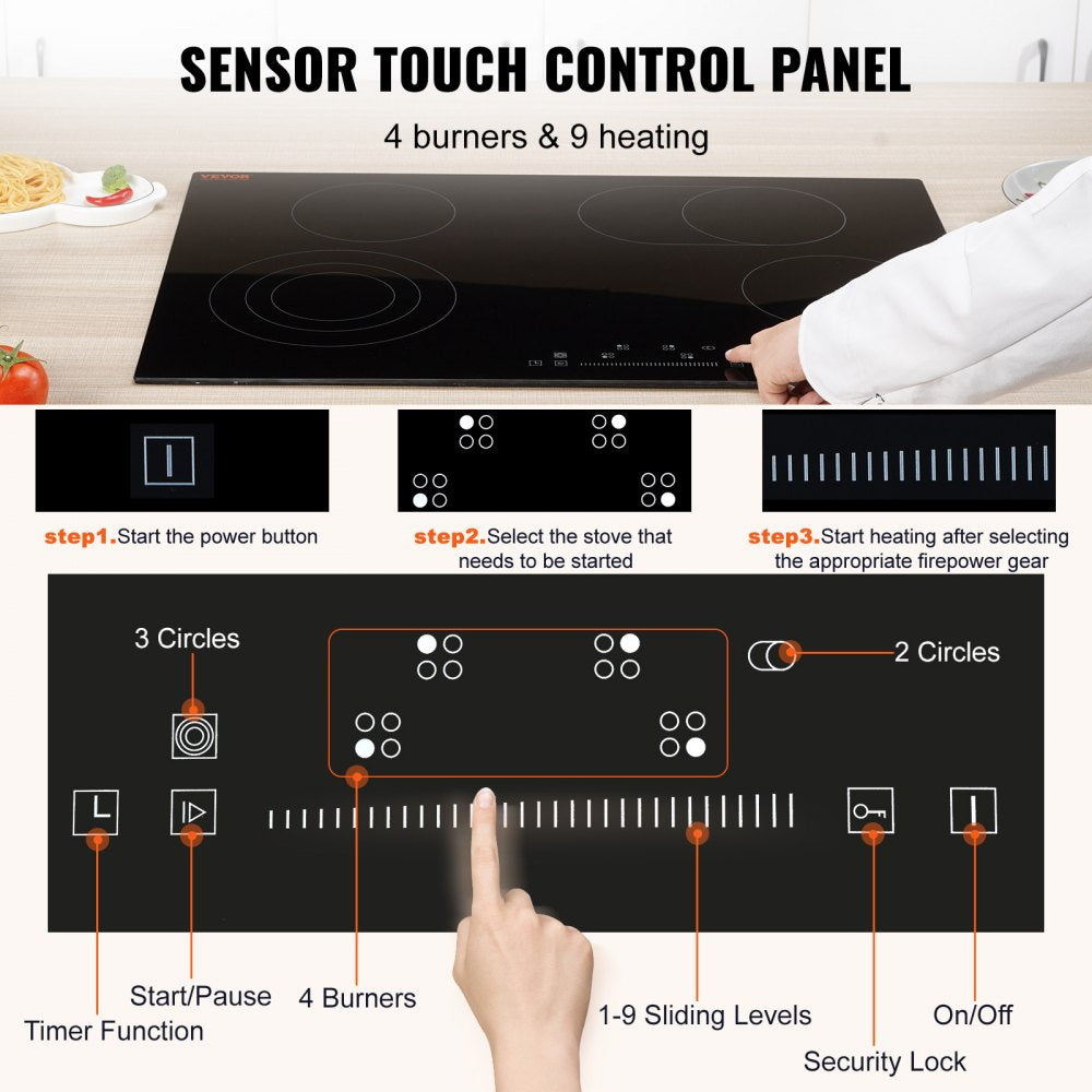 Built in Electric Stove Top, 30.3 x 20.5 inch 4 Burners, 240V Glass Radiant Cooktop with Sensor Touch Control, Timer & Child Lock Included, 9 Power Levels for Simmer Steam Slow Cook Fry