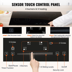Built in Electric Stove Top, 30.3 x 20.5 inch 4 Burners, 240V Glass Radiant Cooktop with Sensor Touch Control, Timer & Child Lock Included, 9 Power Levels for Simmer Steam Slow Cook Fry