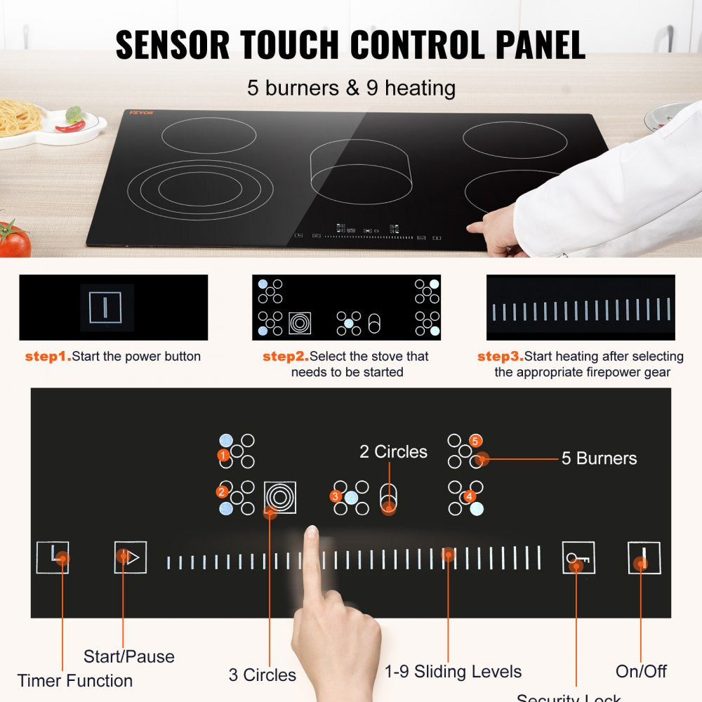 Built in Electric Stove Top, 30.3 x 20.5 inch 5 Burners, 240V Glass Radiant Cooktop with Sensor Touch Control, Timer & Child Lock Included, 9 Power Levels for Simmer Steam Slow Cook Fry