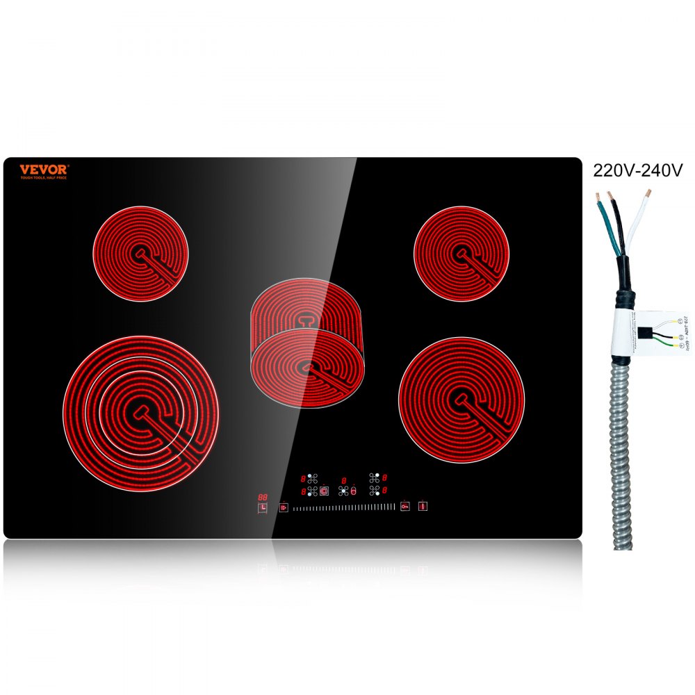 Built in Electric Stove Top, 30.3 x 20.5 inch 5 Burners, 240V Glass Radiant Cooktop with Sensor Touch Control, Timer & Child Lock Included, 9 Power Levels for Simmer Steam Slow Cook Fry