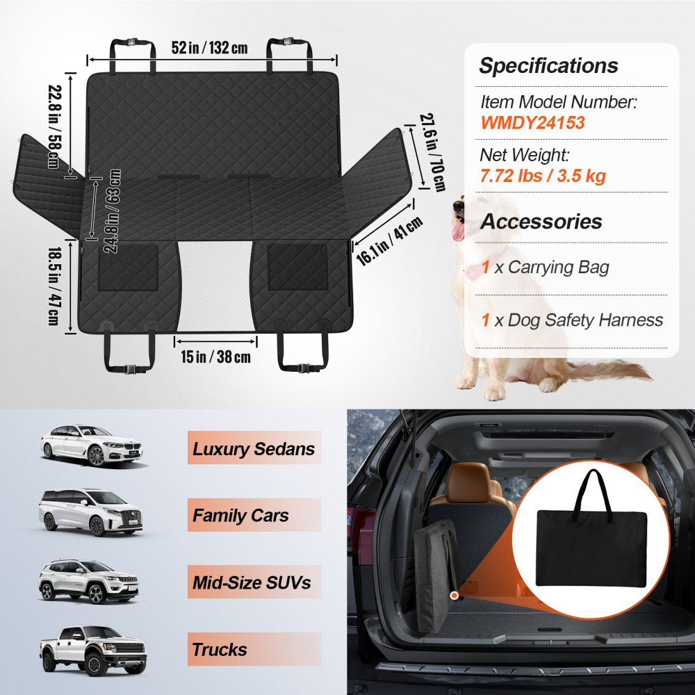 Waterproof dog car seat cover measuring 52x24.8 inches with dual storage pockets.