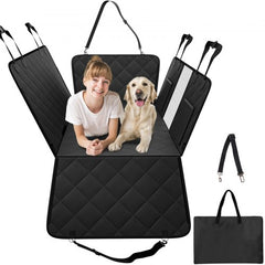 Black waterproof dog car seat cover made of 600D Oxford fabric for back seat protection.
