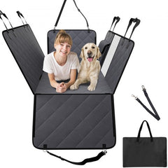 Gray waterproof dog car seat cover with plywood base, side flaps, and safety tether, shown in use with a girl and golden retriever.
