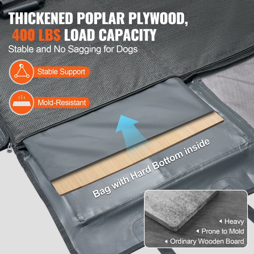 Waterproof 600D dog car seat cover with plywood base, 54x24 inches, for back seat.
