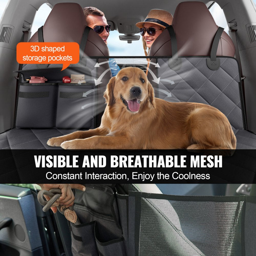 Waterproof dog car seat cover with mesh windows, storage pockets, and a golden retriever lounging on the back seat.