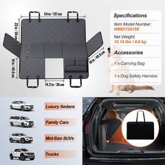 54x24-inch waterproof 600D dog car seat cover with plywood base, side flaps, and safety harness.