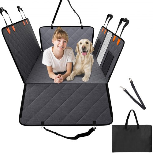 Gray waterproof dog car seat cover with hammock sides, showing a girl and golden retriever lounging on it.