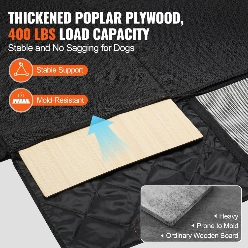 Waterproof 600D dog car seat cover with plywood base and mesh window for trucks.
