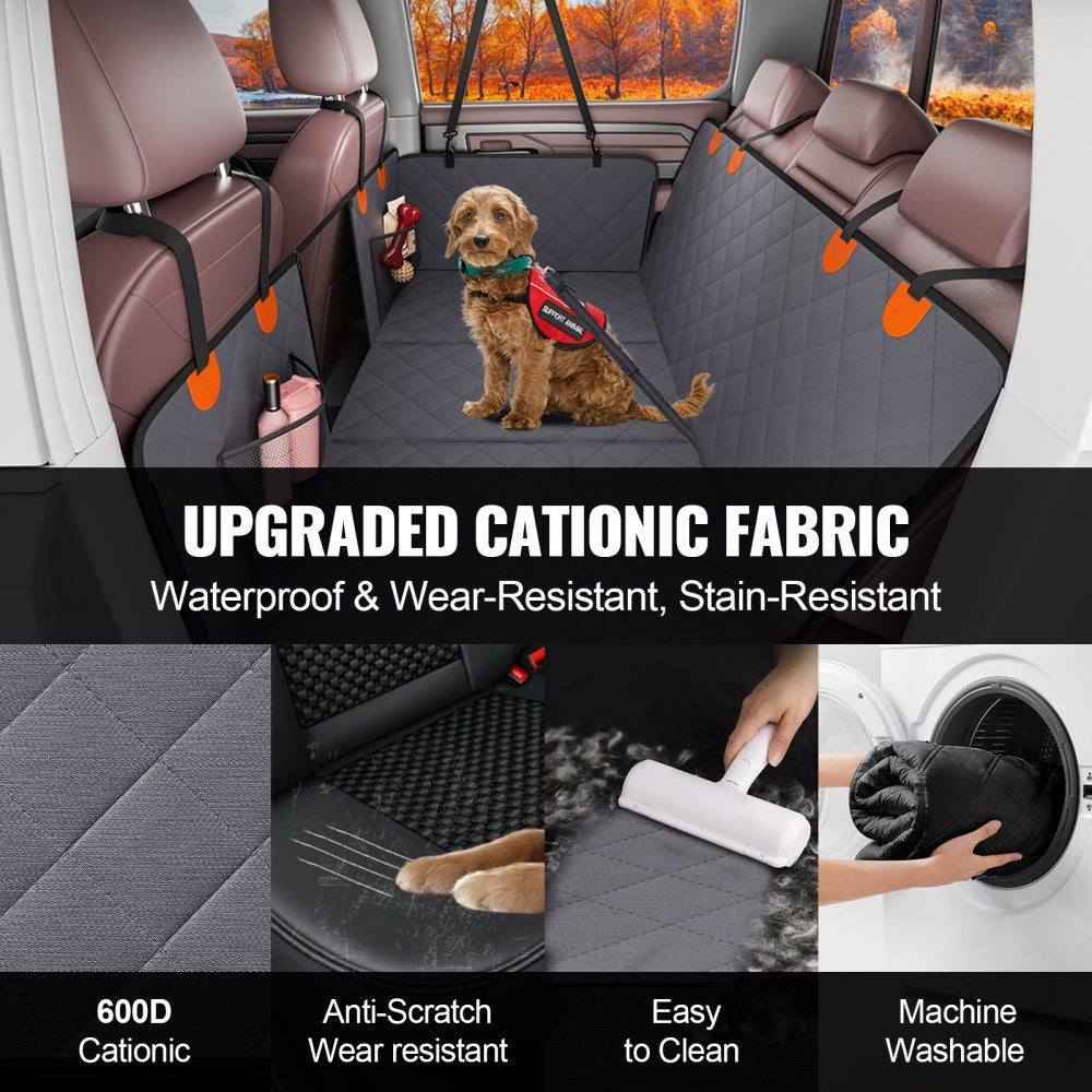 Waterproof 600D dog car seat cover installed in truck back seat with a small dog.