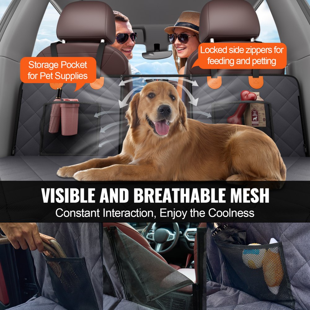 Waterproof dog car seat cover with mesh window, storage pockets, and golden retriever lounging on it.