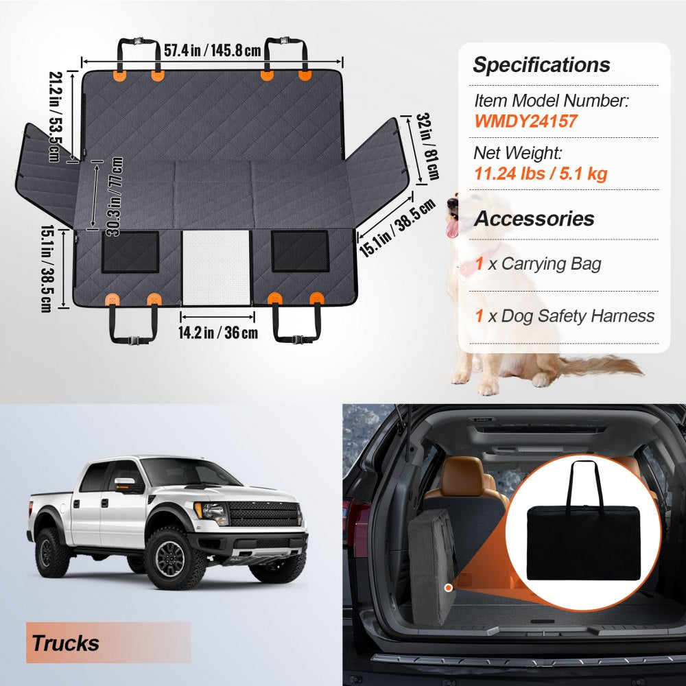 Waterproof 600D dog car seat cover measuring 57.4 x 30.3 inches for truck back seats, with mesh window and carrying bag.