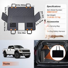 Waterproof 600D dog car seat cover measuring 57.4 x 30.3 inches for truck back seats, with mesh window and carrying bag.