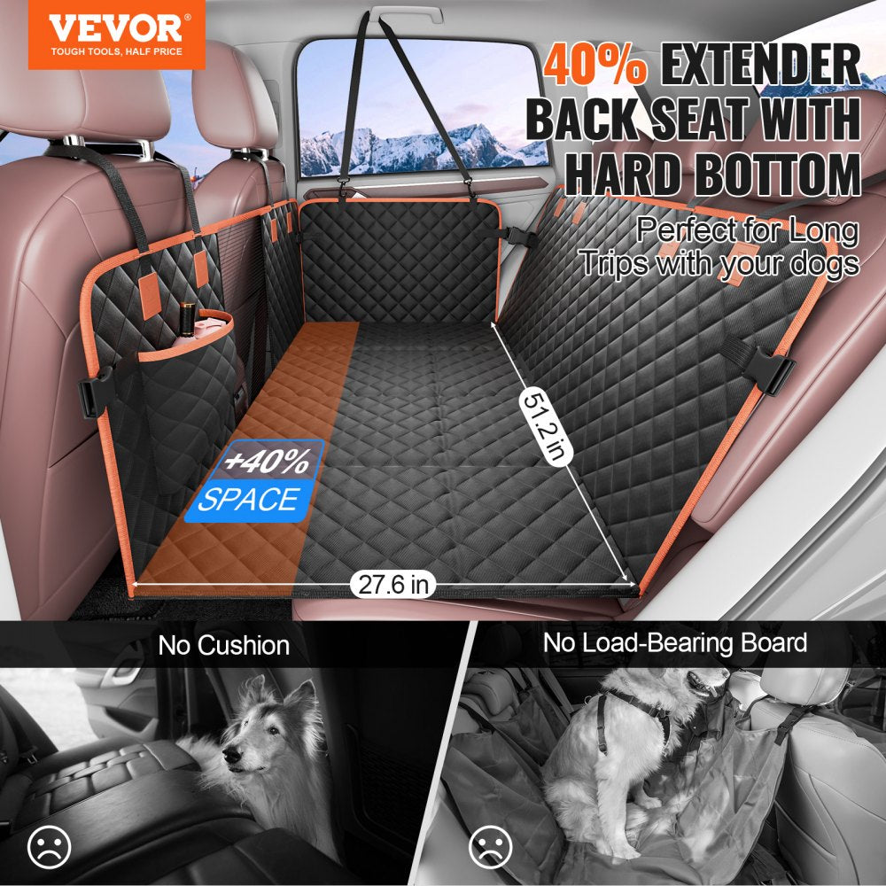 Waterproof 600D dog back seat cover extender for SUV, 51.2x27.6 inches, with honeycomb board and storage pocket.