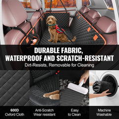 Waterproof 600D Oxford dog back seat cover installed in an SUV with a small dog, showing durability, easy cleaning, and machine washability.